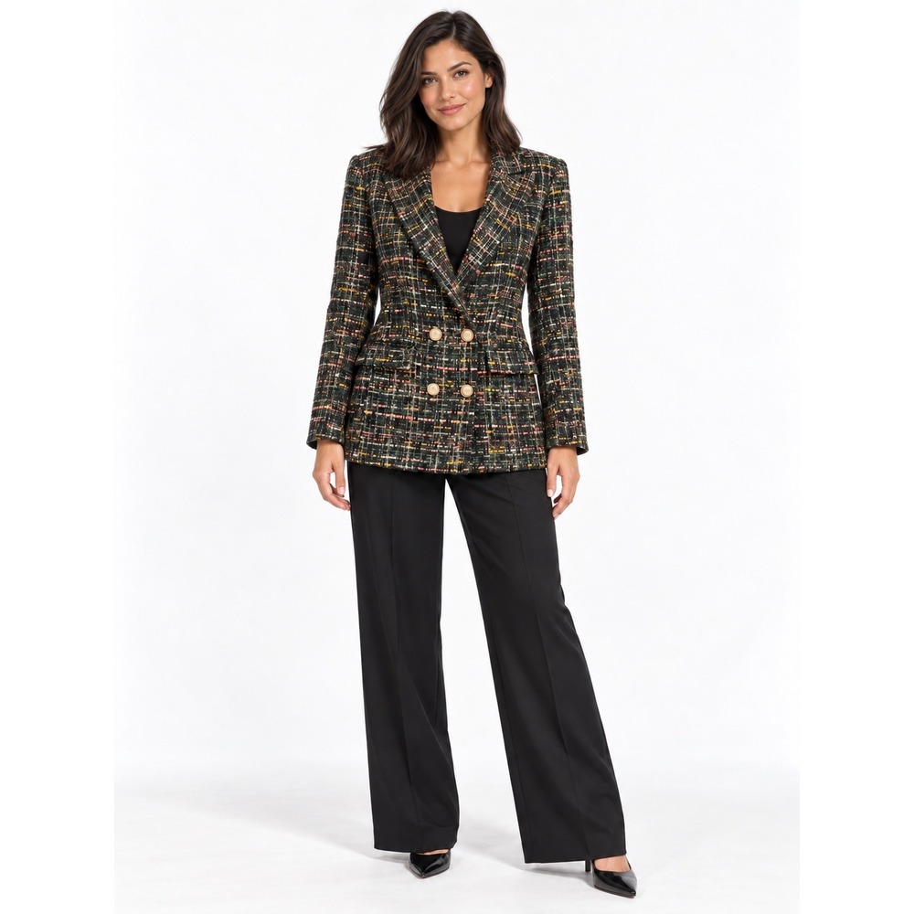 Rachel Zoe Tweed Blazer Large Multi-Color Double Breasted Gold Button Jacket